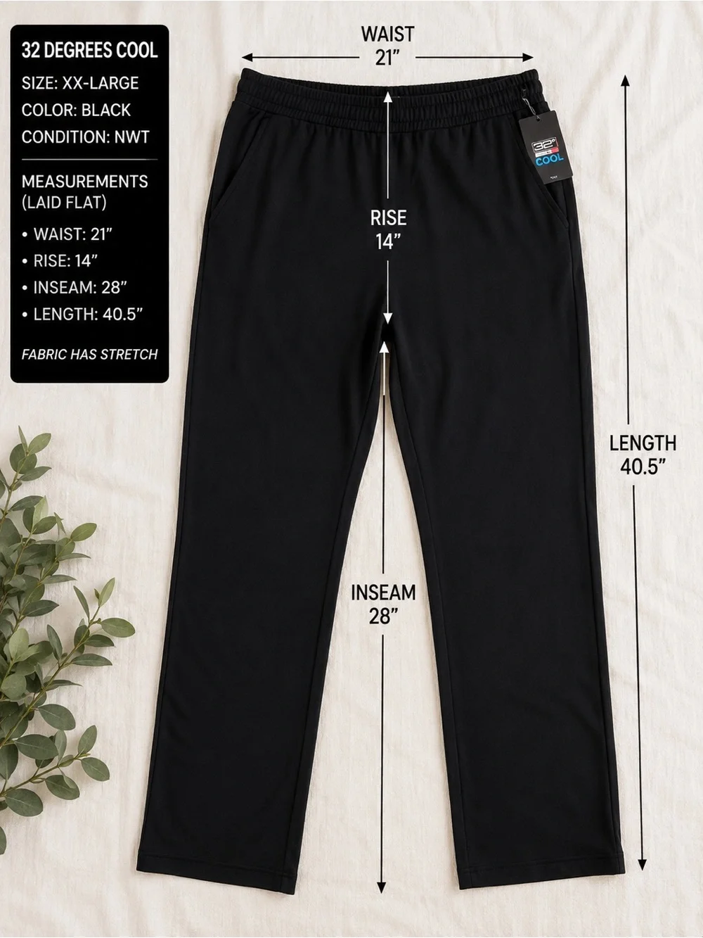 NWT 32 Degrees Cool Black Stretch Pull-On Pants Pockets XXL